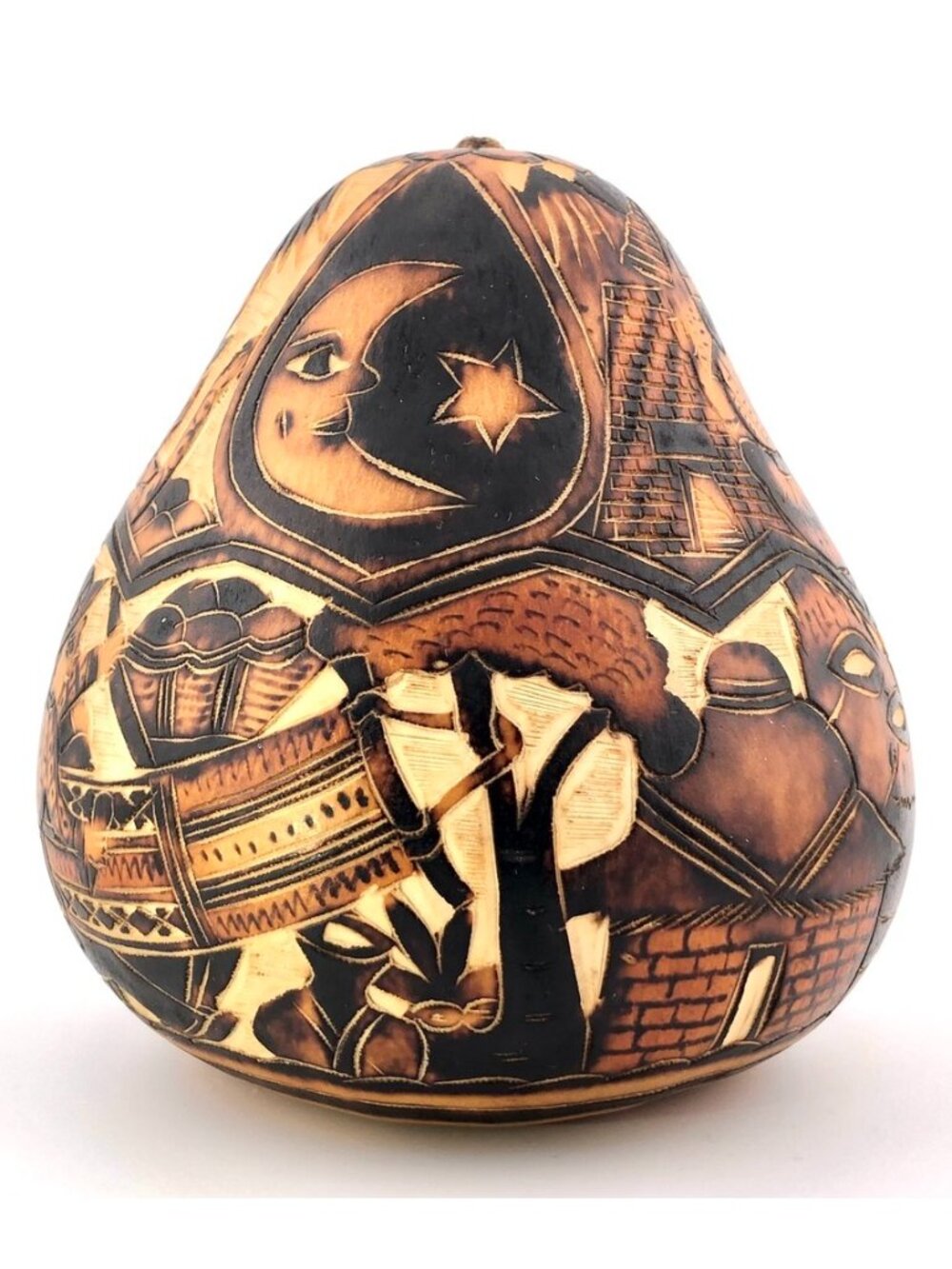 Peruvian Hand Carved Gourd Folk Art Rattle Intricate Storyteller Mate Burilado